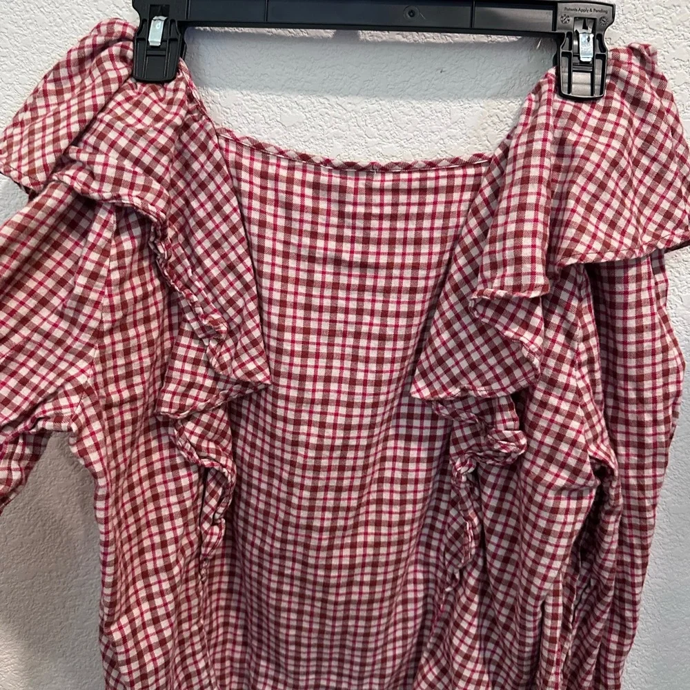J. Crew Red Brown Plaid Ruffle Women's Square Neck Blouse - Picture 5 of 5